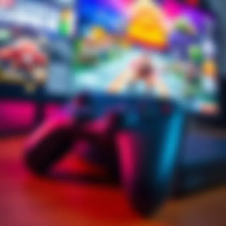 A close-up of a game controller resting on a table next to a monitor displaying a popular video game.