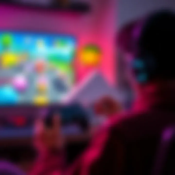 A gamer troubleshooting a video game controller while playing Fall Guys, with colorful game characters on screen.