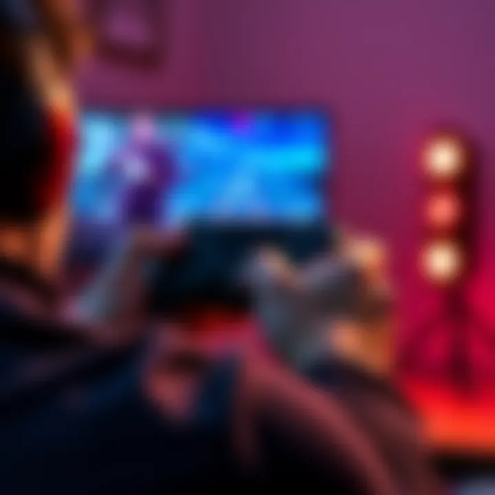 A gamer using a PS5 controller while focusing on a training app for improving aim skills