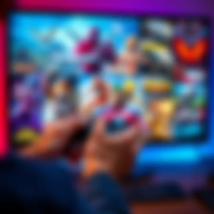 A gamer holding a controller while playing various popular games on a PC screen, showcasing vibrant graphics and action.