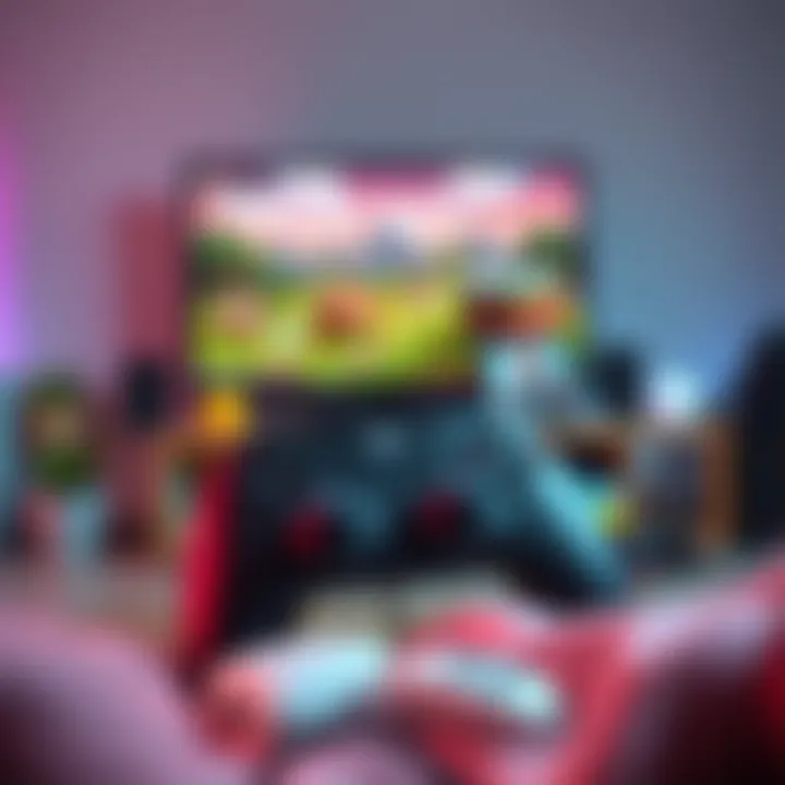 A cozy gaming setup with a controller, featuring popular games like Stardew Valley and Minecraft on a screen