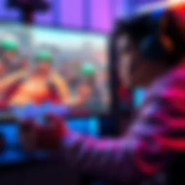 A gamer using a controller while playing on a large PC monitor, showing focused expression and gaming setup