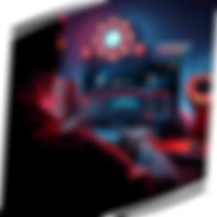 A gamer using a controller overlay on a gaming screen, showing various feature options and enhancements for gameplay.