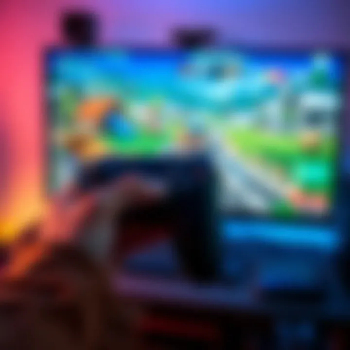 Controller in hand with PC game A person holding a game controller while playing a single-player PC game on a monitor, showcasing a gaming setup.