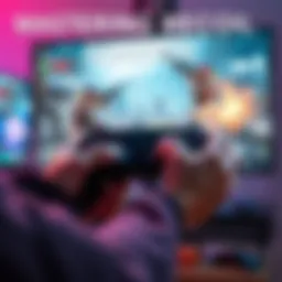 A gamer tightly gripping a controller, focusing on a screen with crosshairs, showcasing a game with visible recoil effects.