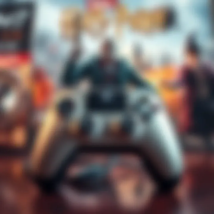 A game controller with a background of popular video games like Metal Gear Rising and Harry Potter, showcasing gaming action