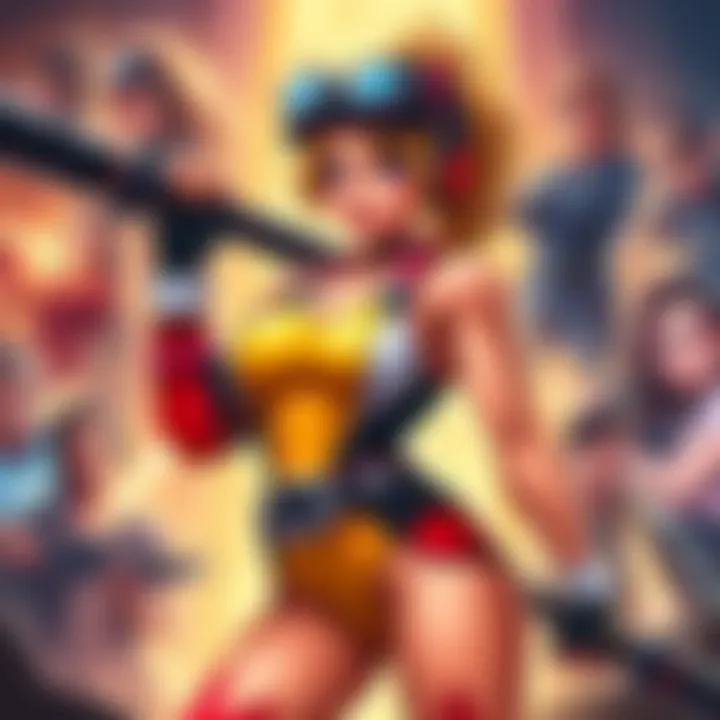 Illustration showing Cammy's character in a dynamic pose, showcasing her skin design with a backdrop of gaming elements and player reactions.