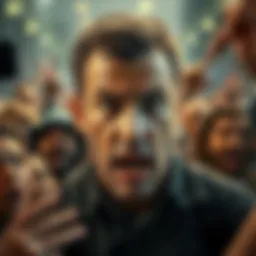 A man with a stern look, surrounded by a crowd reacting with mixed emotions, highlighting his polarizing presence.