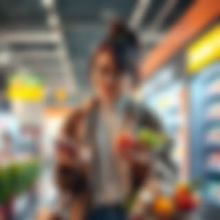 A busy person shopping online while juggling groceries and a smartphone, showing the convenience of modern technology in daily life.