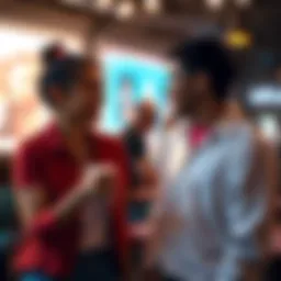 Two people discussing needs and desires in a casual setting, showcasing expressions of asking and receiving.