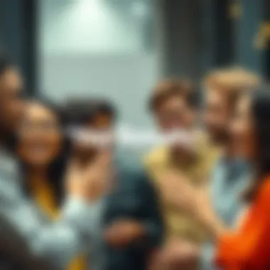 A group of diverse people engaged in a lively conversation, smiling and using hand gestures, with one person saying 'Yep Basically', capturing the essence of modern dialogue.
