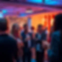 A group of people engaged in lively conversation at a social event, smiling and sharing ideas.