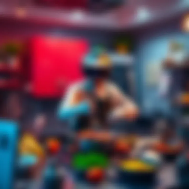 A player cooking in a virtual kitchen using PSVR2, surrounded by various kitchen tools and ingredients.