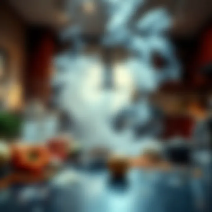 A kitchen with smoke and scattered ingredients, showing the aftermath of a cooking mishap.