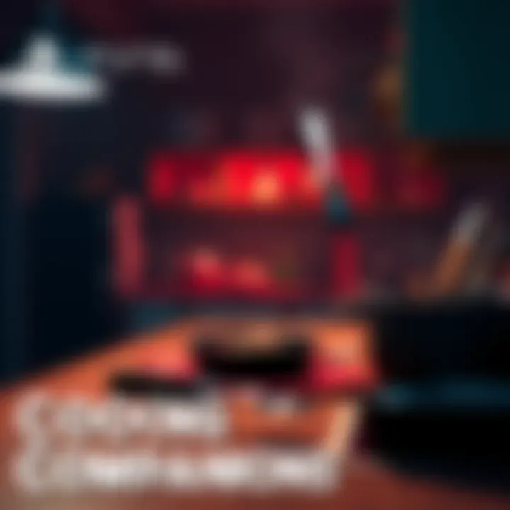 A screenshot from Cooking Companions featuring a kitchen scene with unsettling elements and cooking tools.