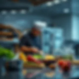 A person preparing a meal in a corporate kitchen, showcasing ingredients and cooking tools.