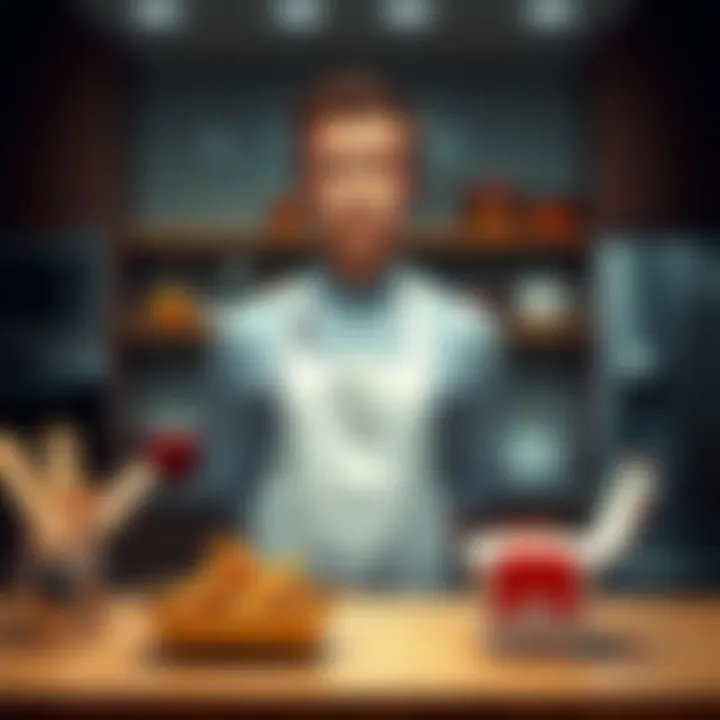A person standing in a kitchen looking confused with cooking utensils on one side and takeout containers on the other.