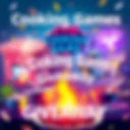 Colorful artwork showcasing popular cooking games and a giveaway announcement with vibrant graphics