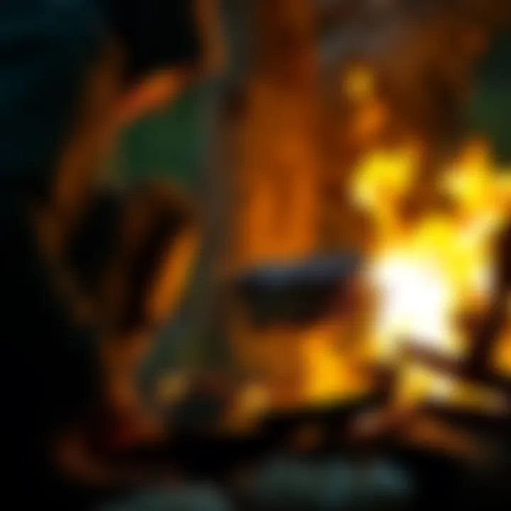 Cooking Infected Meat A person cooking infected meat over a campfire, pondering survival during a food crisis.