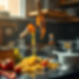 A kitchen scene showing burnt toast, overboiled pasta, and spilled ingredients, illustrating common cooking errors.