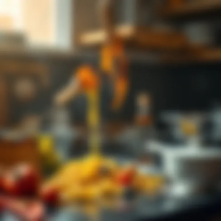 A kitchen scene showing burnt toast, overboiled pasta, and spilled ingredients, illustrating common cooking errors.