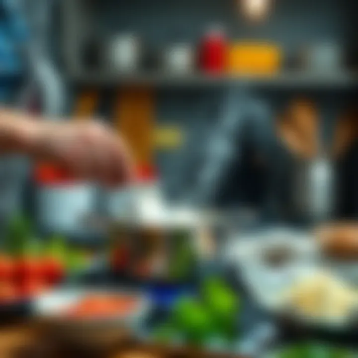A person stirring a pot on the stove, with fresh ingredients and cooking utensils around them.
