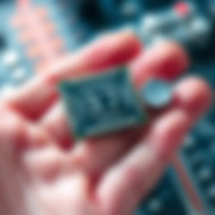A close-up of a semiconductor chip resting on a hand, illustrating the temperature of 37 degrees Celsius, with a thermometer nearby.