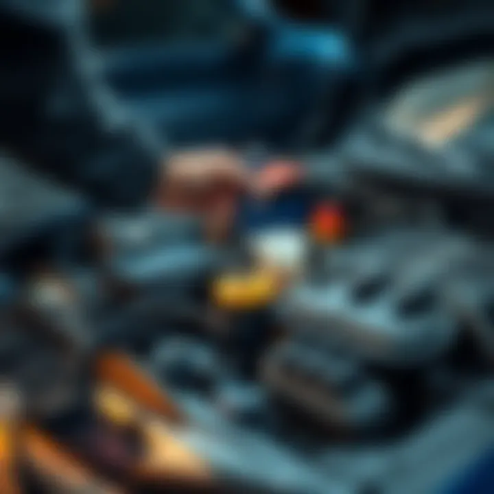 A person changing coolant in a car engine, showing tools and the coolant reservoir.