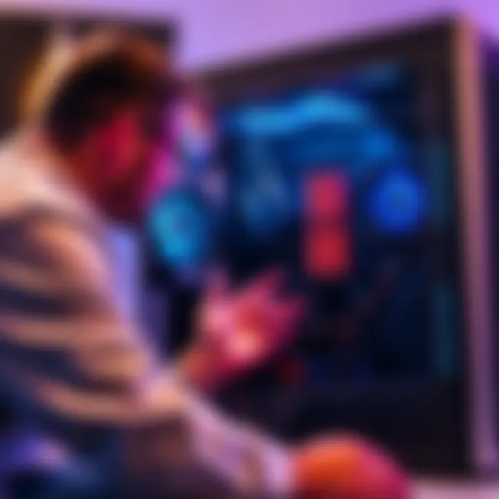 A person demonstrating how to remove a front panel of a gaming PC to install intake fans for better airflow.