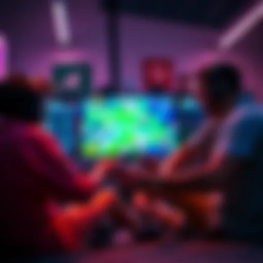 A group of friends playing co-op video games together, enjoying teamwork and strategy, with colorful game graphics on screen.