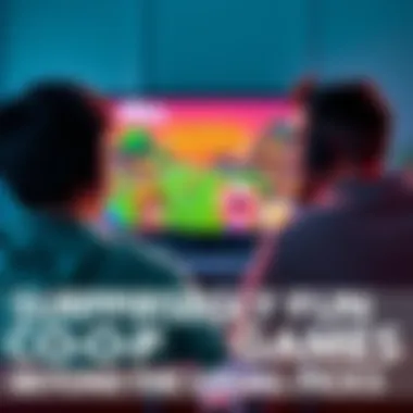 Co-op gaming fun Two players enjoying a co-op game session, with a colorful screen showing a farming scene from Stardew Valley and survival elements from Don't Starve.