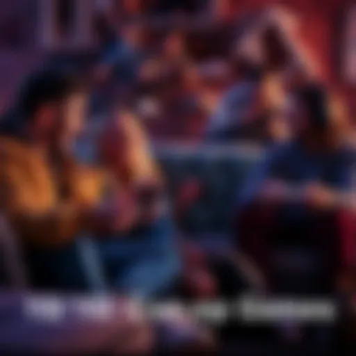 A group of friends engaged in a fun video game session, playing together on a couch with game controllers in hand.