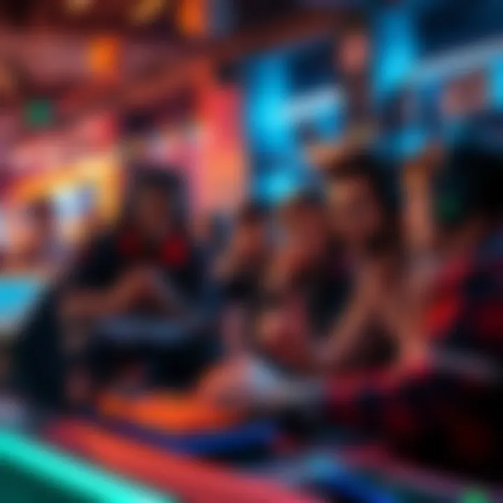 A diverse group of players teaming up in a vibrant gaming environment, discussing strategies and cooperation.