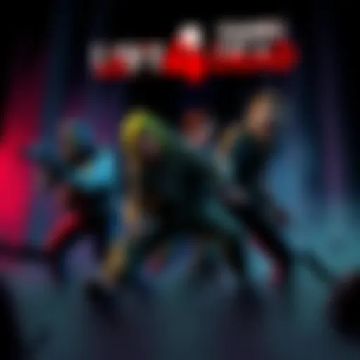 An illustration showing four diverse characters teaming up in a co-op game setting, battling against zombies in a dark environment, evoking the feel of games like Left 4 Dead.