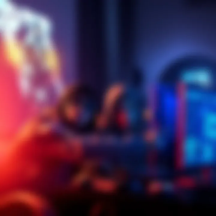 A group of friends playing a first-person stealth game together while strategizing over a computer screen.