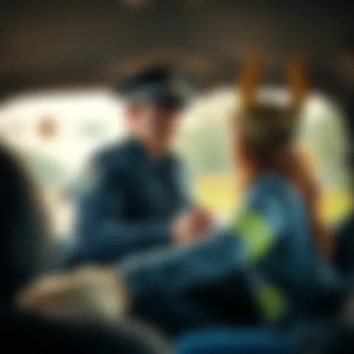 A police officer in uniform helps ExtraEmily by offering her a lift during her hitchhiking challenge on the road.
