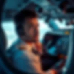 A copilot seated in the cockpit, focused on controls and instruments, with a serious expression while flying an aircraft.
