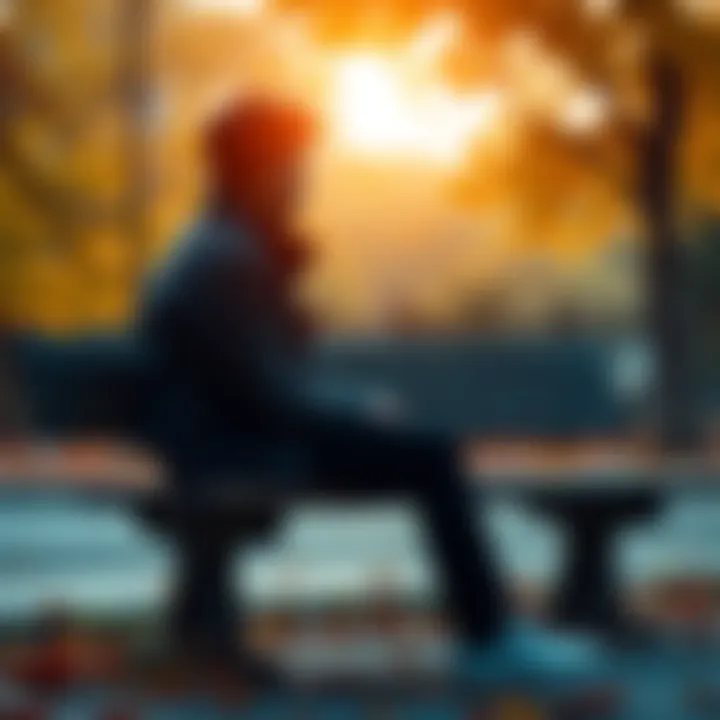 Person Reflecting on Life Decisions A person sitting alone on a park bench, looking pensive and contemplative, surrounded by autumn leaves, symbolizing reflection and regret.