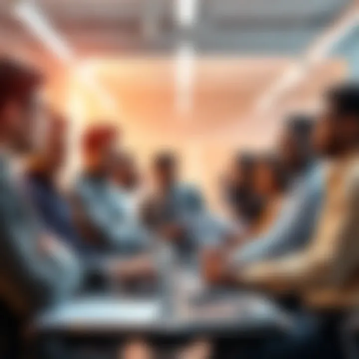 A group of diverse creators discussing the impact of new copyright laws in a bright, modern office setting.