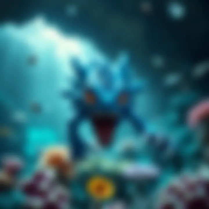 Coral Blue No. 2, a vibrant blue sea monster, ready for battle in a colorful underwater scene