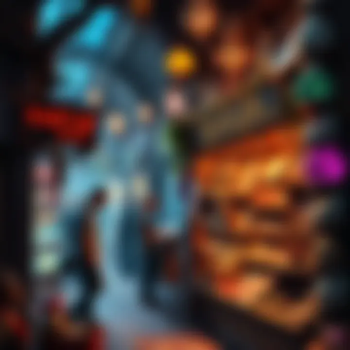 A vibrant corner shop filled with odd and enchanting products related to Devildom culture, with people browsing and exploring unique items.