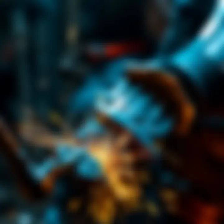 A close-up of a blacksmith working on a detailed sword replica, showcasing sparks and metalwork in progress.