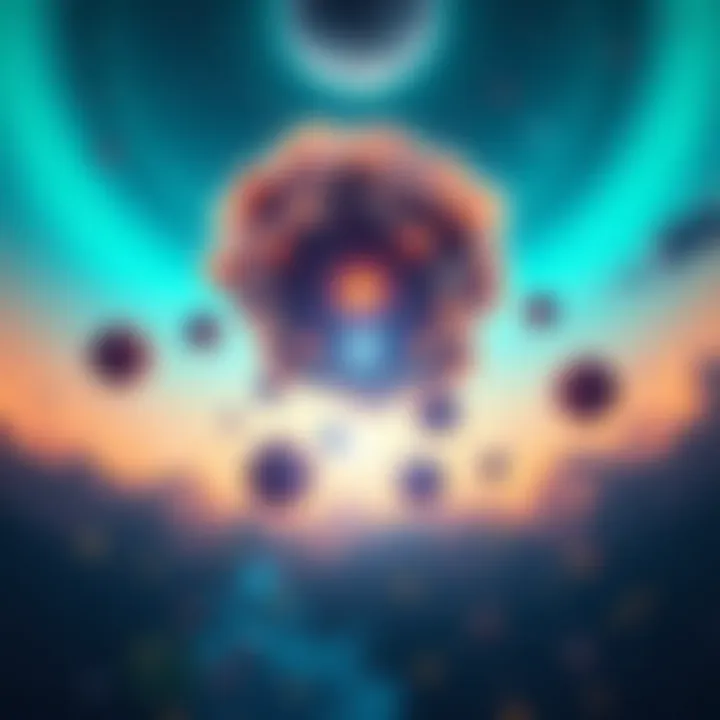 A visual representation of the Corona Borealis Supercluster showing seven distinct galaxy-clusters with stars and cosmic elements in the background.