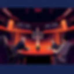 Illustration showing a boardroom with executives discussing profit over ethics, representing corporate greed in The Finals game.