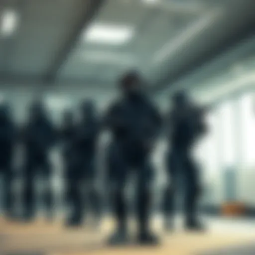 A group of corporate enforcers in tactical gear, standing in a modern office space, ready for action.