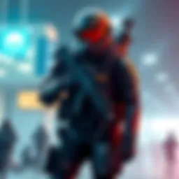 A well-equipped corporate trooper stands ready for action, showcasing advanced gear and cyberware, highlighting their strength compared to standard goons.
