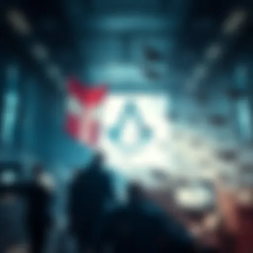 A scene showing a modern office space with Assassins and Templars symbols, depicting the conflict between the two factions in Black Flag's modern day sequences.