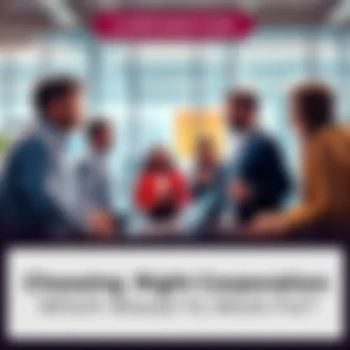 People discussing different corporations and their benefits in an office setting