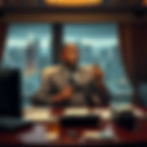 Corrupt Corporate Executive in Office A corrupt corporate executive sitting at a lavish desk, looking confident and holding stacks of cash, with a city skyline visible through the window.