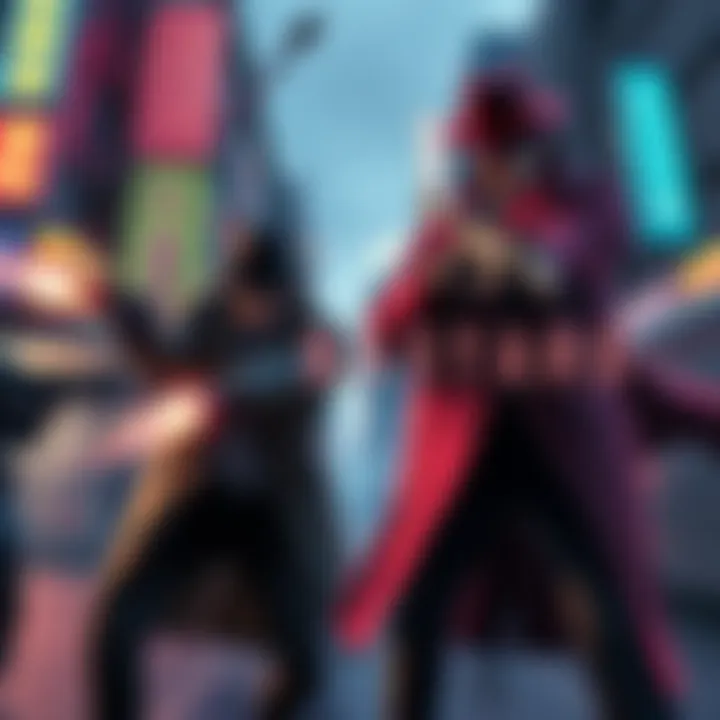 An action-packed scene featuring a corrupt Osaka detective engaged in intense gunfight against enemies in a neon-lit city, reminiscent of 80s action films.